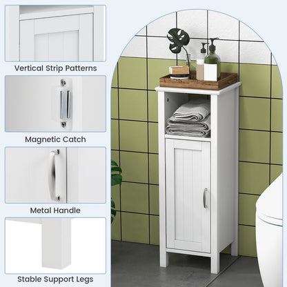 Freestanding Narrow Bathroom Storage Organizer Rack Stand with Door and Adjustable Shelf-White