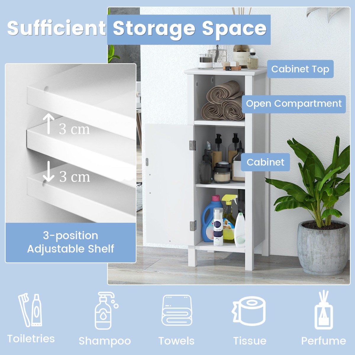 Freestanding Narrow Bathroom Storage Organizer Rack Stand with Door and Adjustable Shelf-White