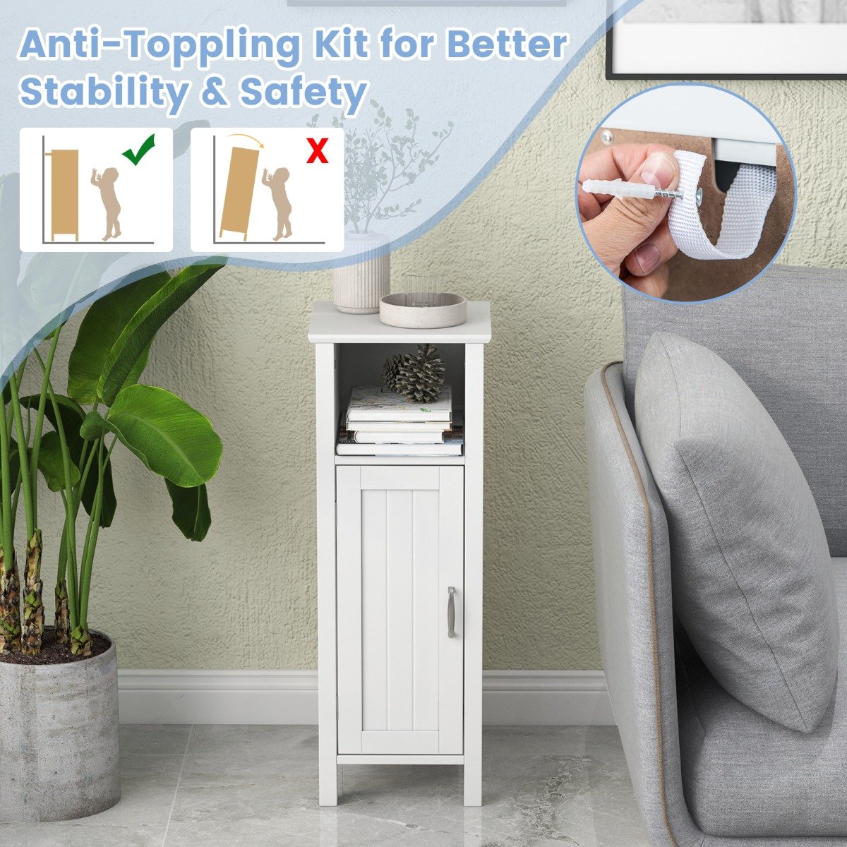 Freestanding Narrow Bathroom Storage Organizer Rack Stand with Door and Adjustable Shelf-White