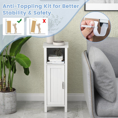 Freestanding Narrow Bathroom Storage Organizer Rack Stand with Door and Adjustable Shelf-White