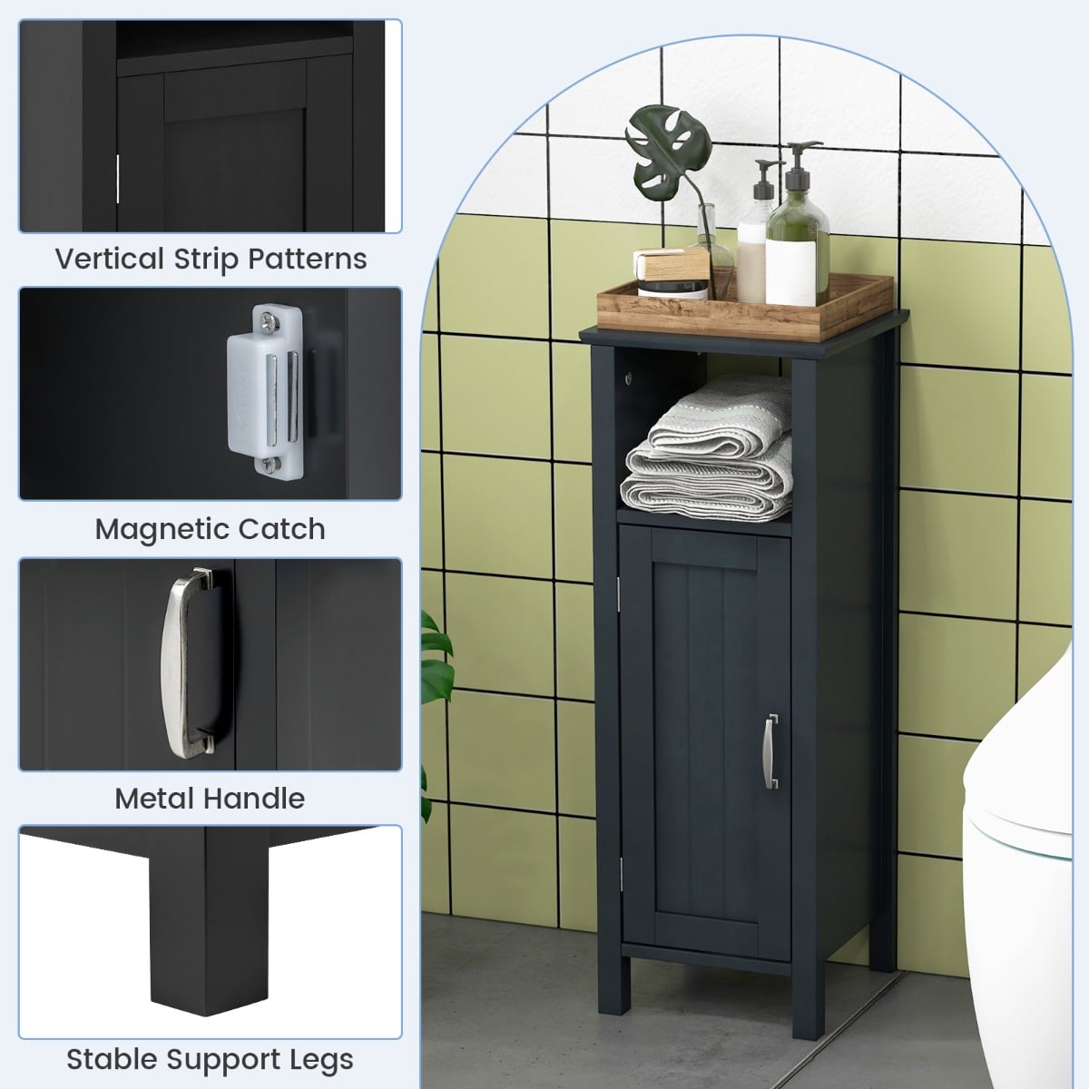 Freestanding Narrow Bathroom Storage Organizer Rack Stand with Door and Adjustable Shelf-Black