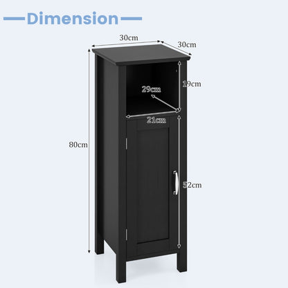 Freestanding Narrow Bathroom Storage Organizer Rack Stand with Door and Adjustable Shelf-Black