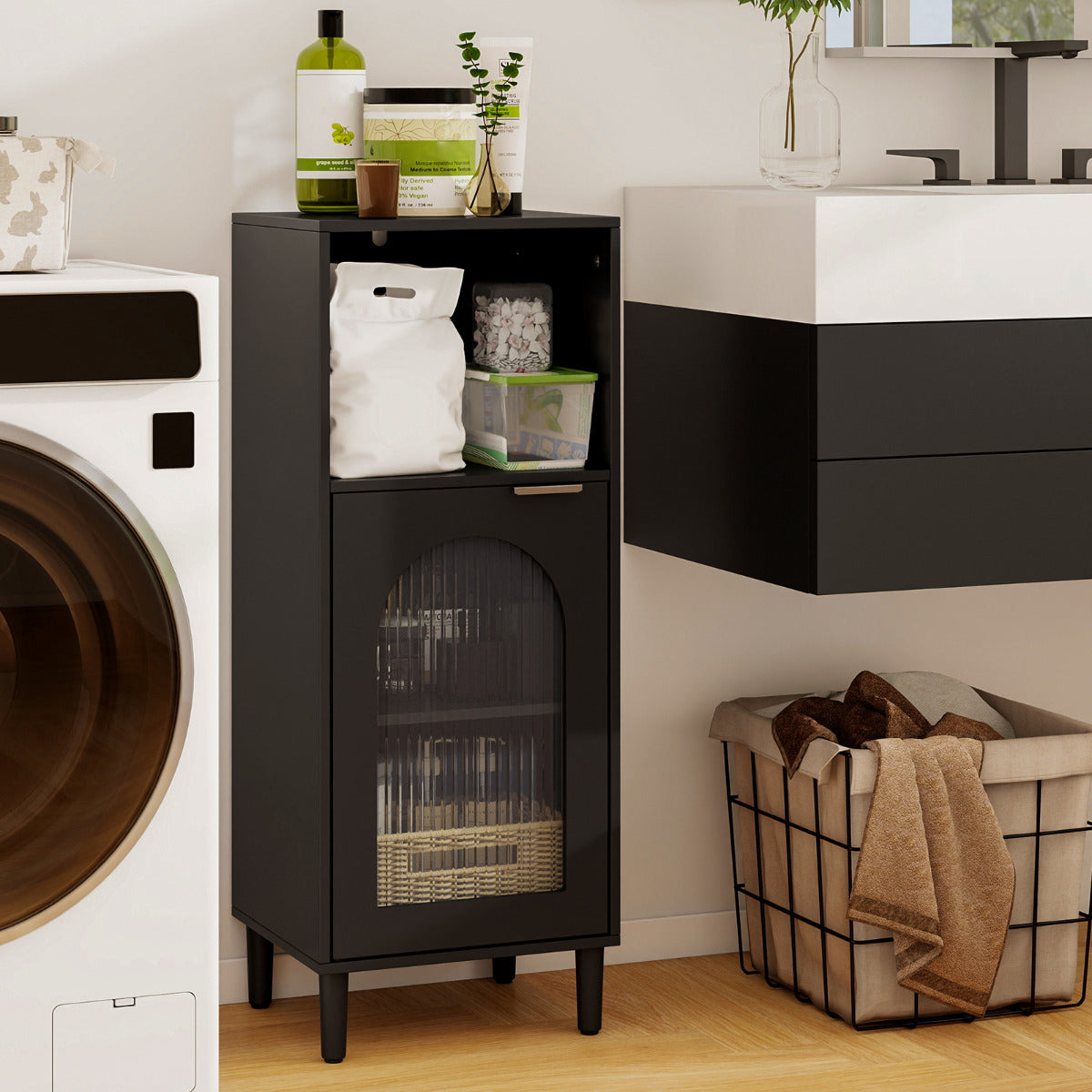 Bathroom Floor Cabinet with Adjustable Shelf for Hallway Living Room-Black