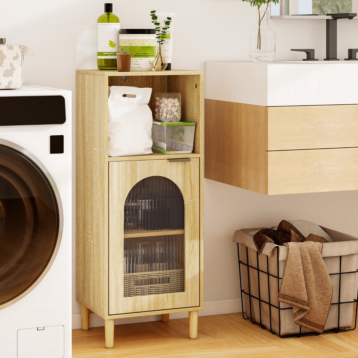 Bathroom Floor Cabinet with Adjustable Shelf for Hallway Living Room-Natural