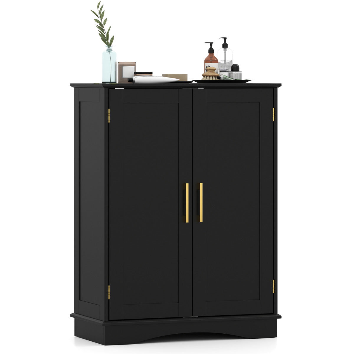 Bathroom Floor Storage Cabinet with 2 Doors and Adjustable Shelves-Black