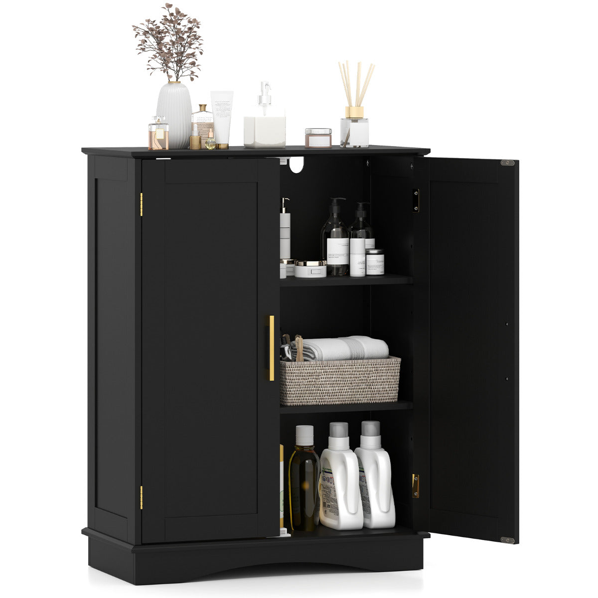 Bathroom Floor Storage Cabinet with 2 Doors and Adjustable Shelves-Black