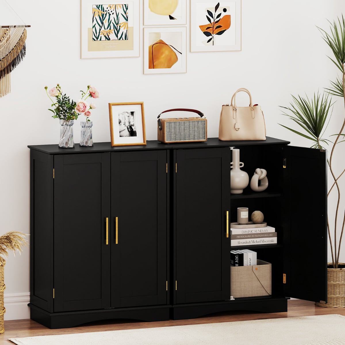 Bathroom Floor Storage Cabinet with 2 Doors and Adjustable Shelves-Black