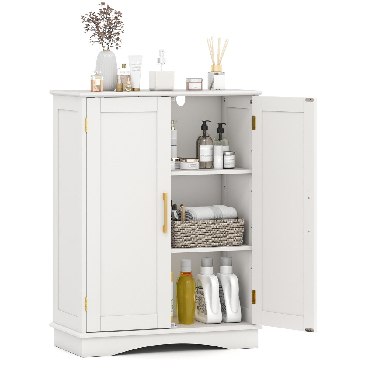 Bathroom Floor Storage Cabinet with 2 Doors and Adjustable Shelves-White