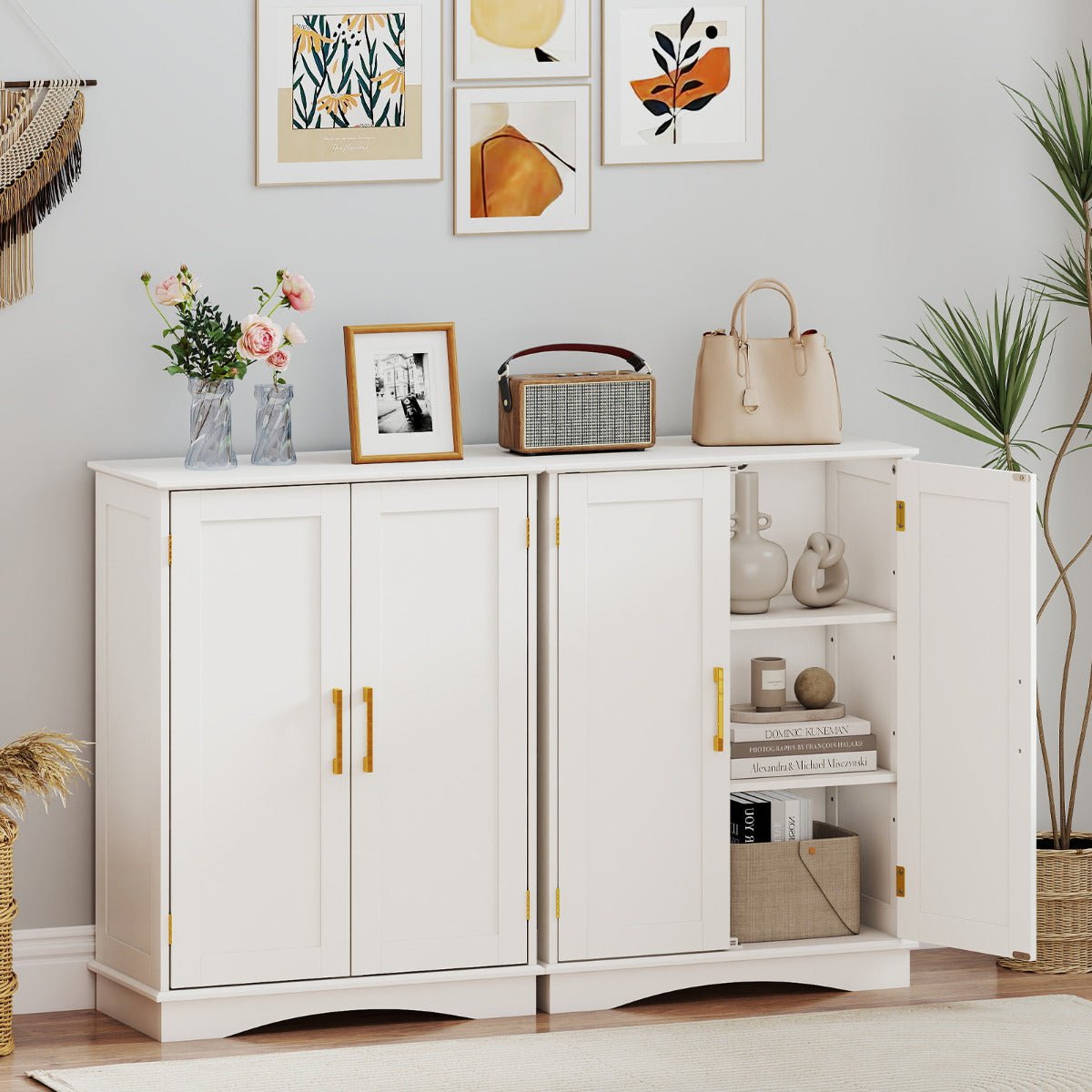 Bathroom Floor Storage Cabinet with 2 Doors and Adjustable Shelves-White