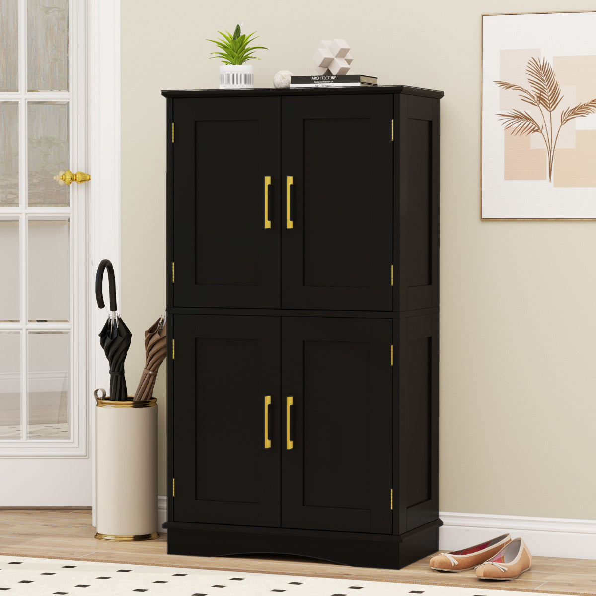 Bathroom Floor Storage Cabinet with 4 Doors and 2 Adjustable Shelves-Black