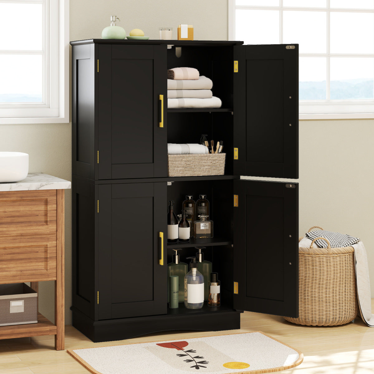 Bathroom Floor Storage Cabinet with 4 Doors and 2 Adjustable Shelves-Black