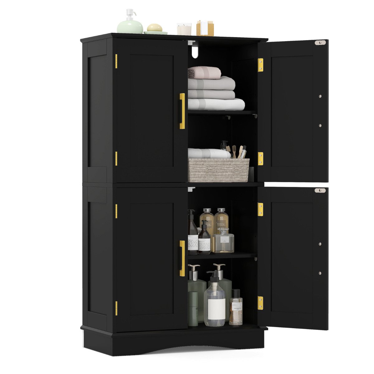 Bathroom Floor Storage Cabinet with 4 Doors and 2 Adjustable Shelves-Black
