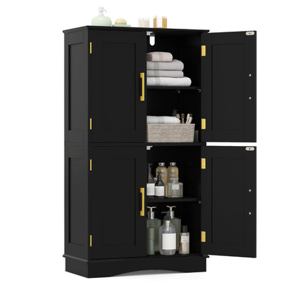 Bathroom Floor Storage Cabinet with 4 Doors and 2 Adjustable Shelves-Black