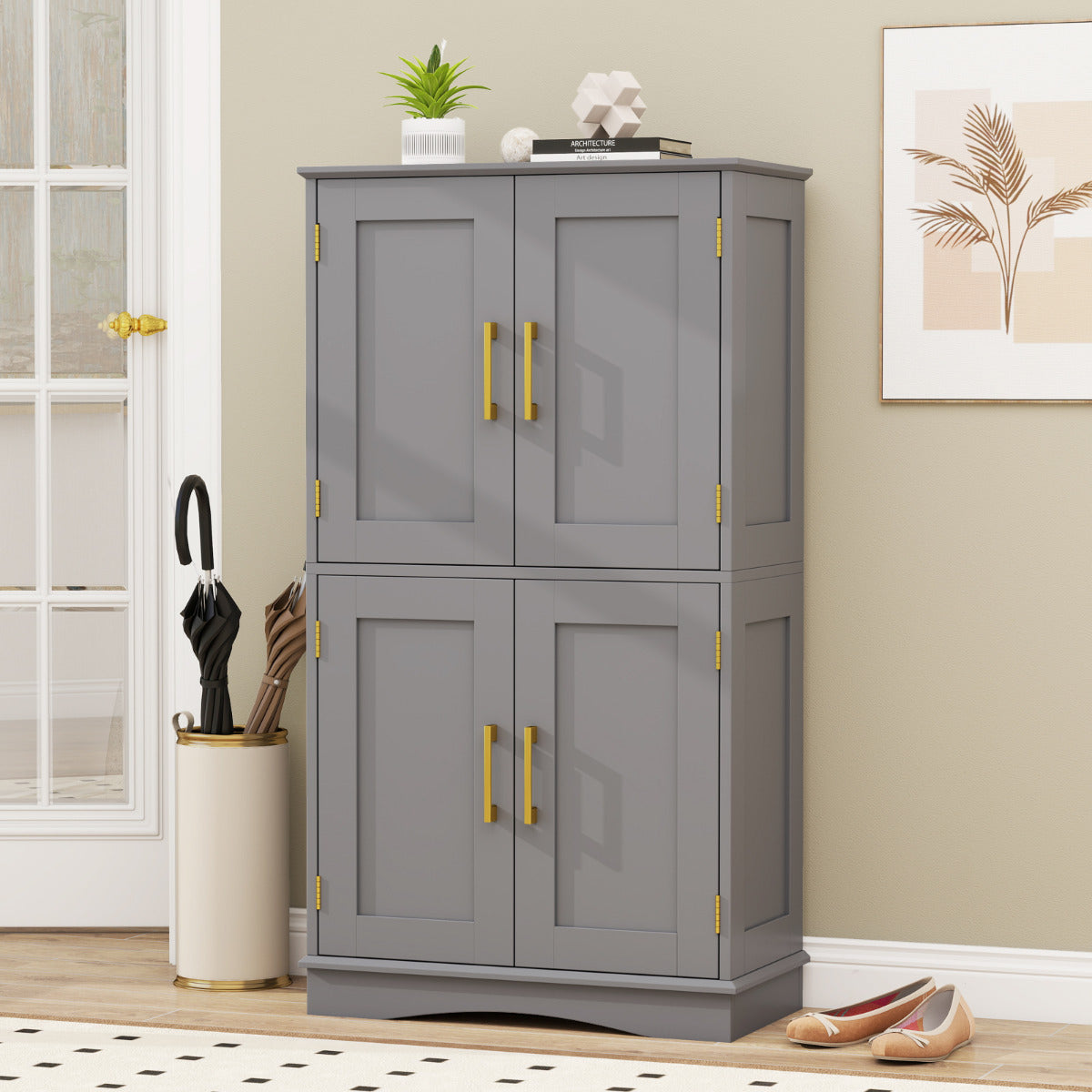 Bathroom Floor Storage Cabinet with 4 Doors and 2 Adjustable Shelves-Grey