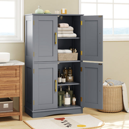 Bathroom Floor Storage Cabinet with 4 Doors and 2 Adjustable Shelves-Grey