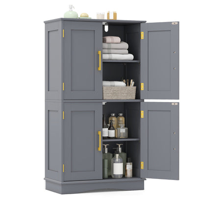 Bathroom Floor Storage Cabinet with 4 Doors and 2 Adjustable Shelves-Grey