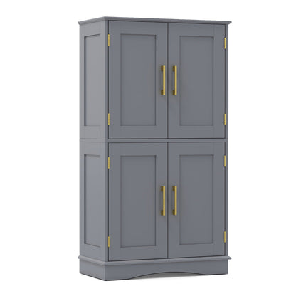 Bathroom Floor Storage Cabinet with 4 Doors and 2 Adjustable Shelves-Grey