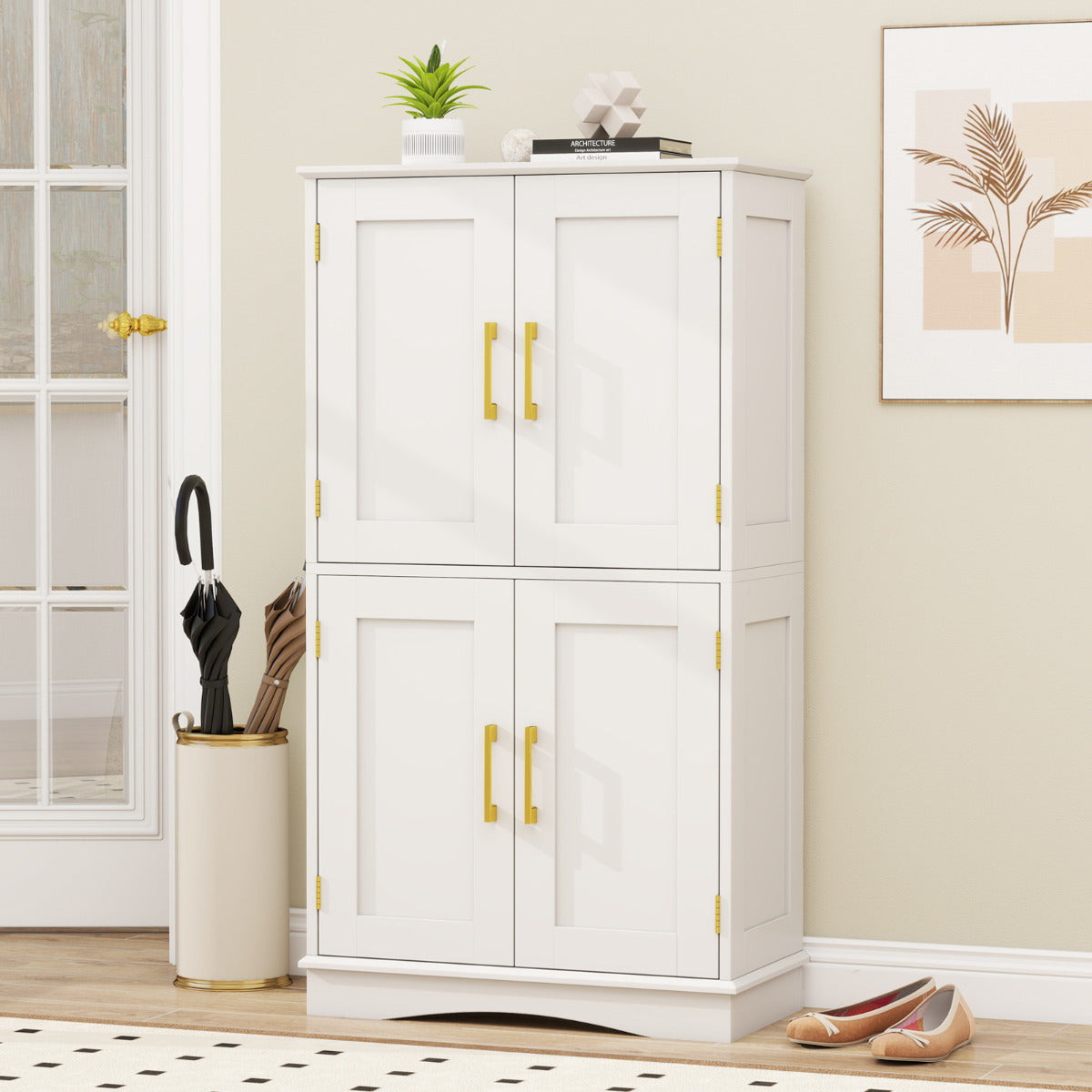 Bathroom Floor Storage Cabinet with 4 Doors and 2 Adjustable Shelves-White
