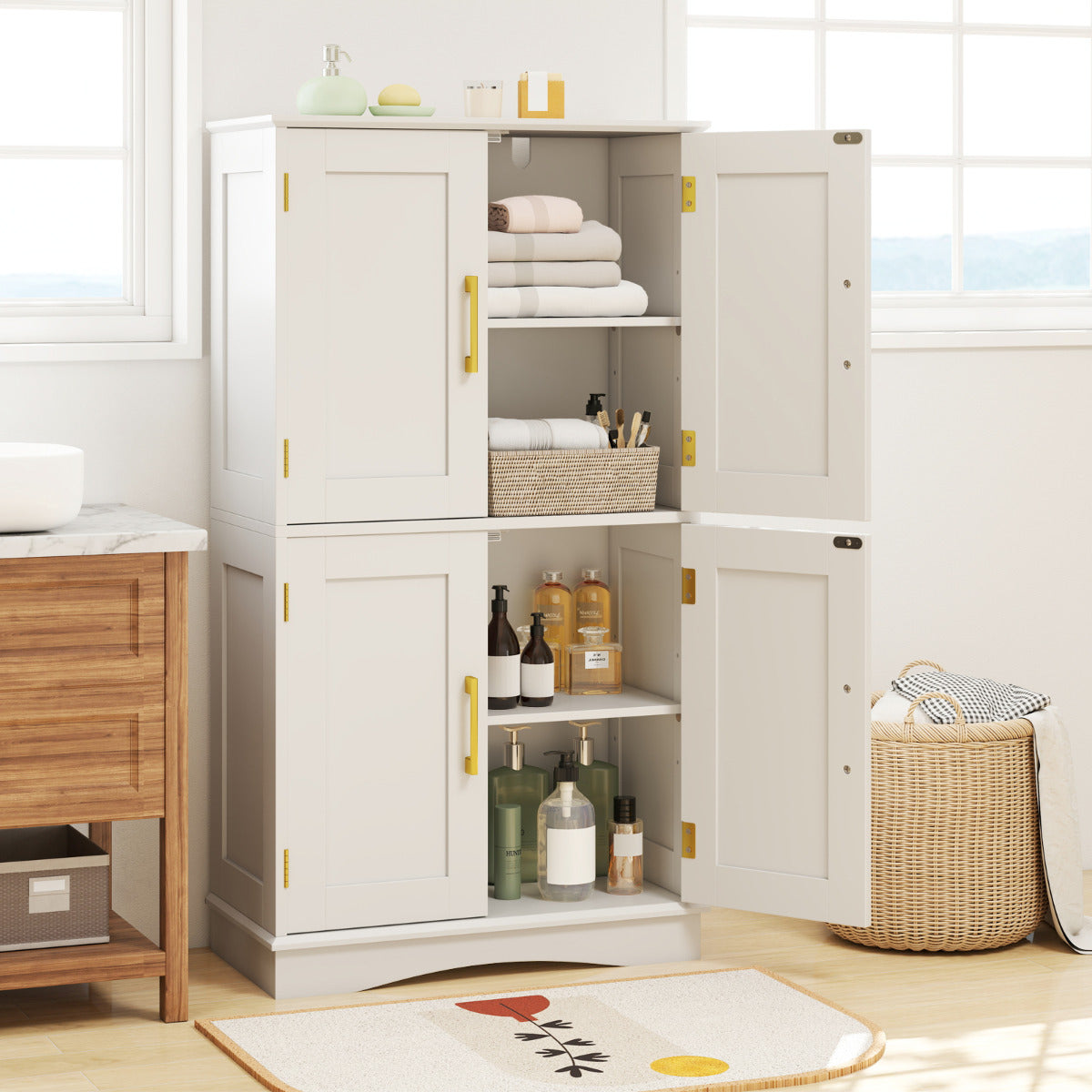 Bathroom Floor Storage Cabinet with 4 Doors and 2 Adjustable Shelves-White
