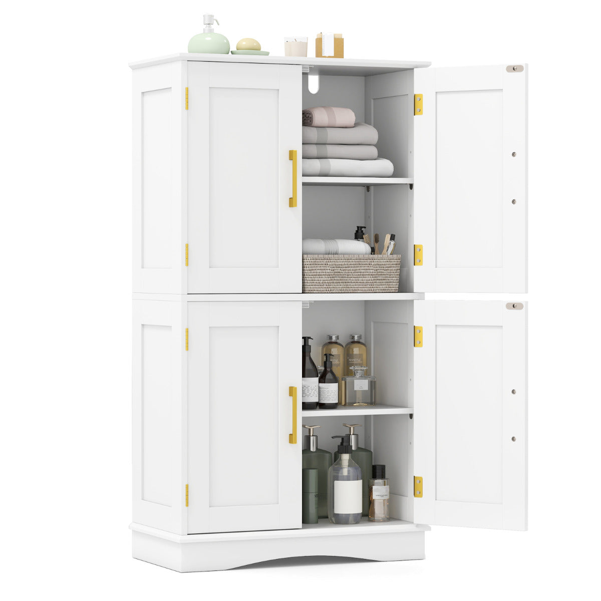 Bathroom Floor Storage Cabinet with 4 Doors and 2 Adjustable Shelves-White