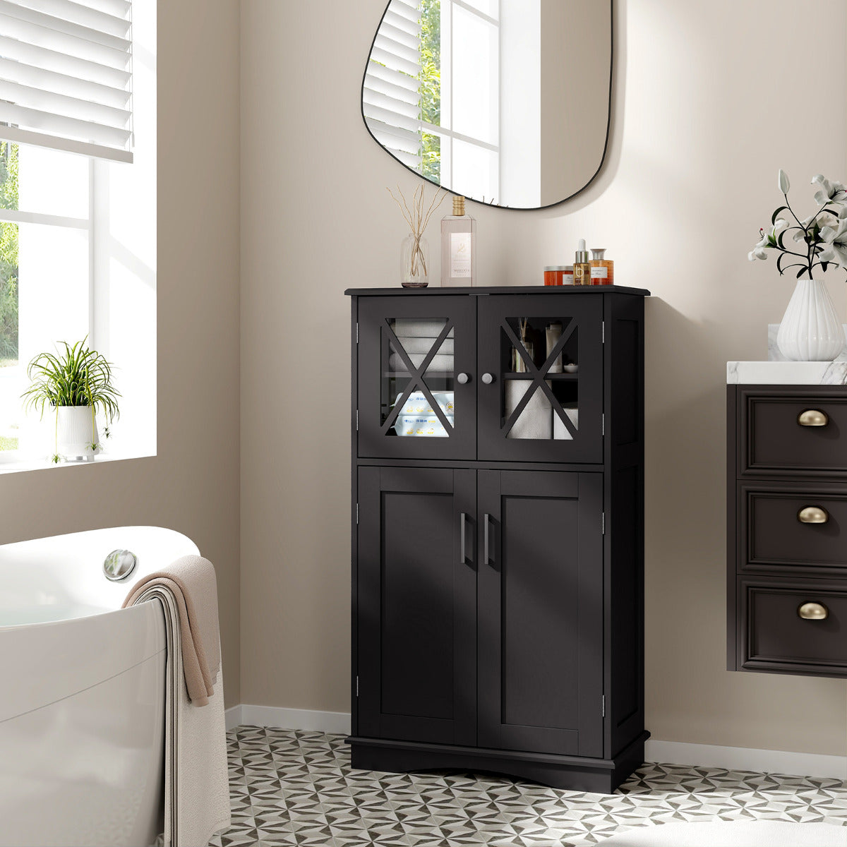 Bathroom Linen Storage Cabinet with Doors and Adjustable Shelves-Black