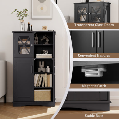 Bathroom Linen Storage Cabinet with Doors and Adjustable Shelves-Black