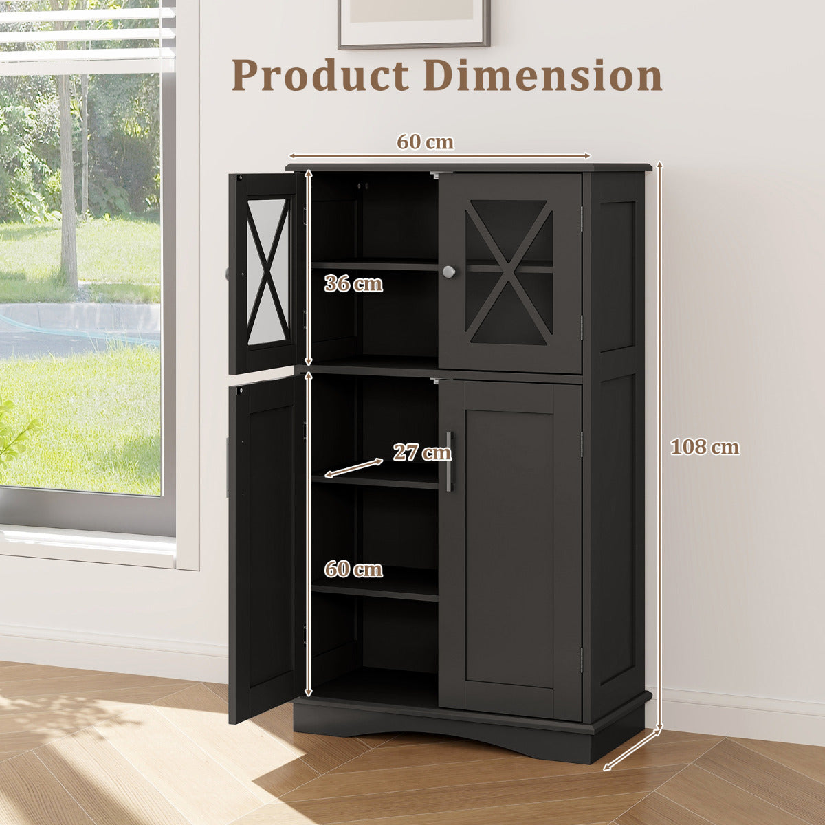 Bathroom Linen Storage Cabinet with Doors and Adjustable Shelves-Black