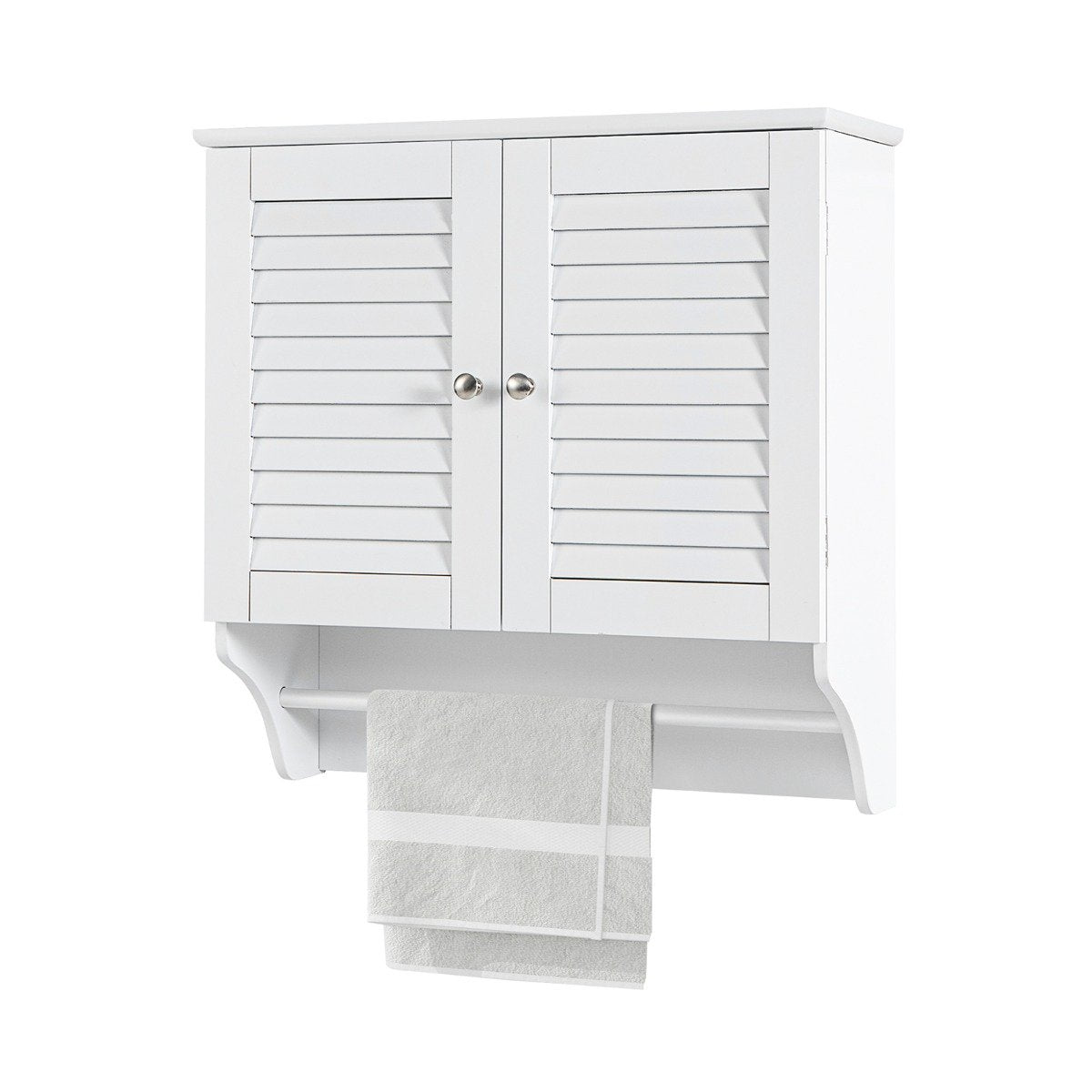Wall Mounted Double Louvered Doors Storage Cabinet with Height Adjustable Shelf and Towels Bar-White
