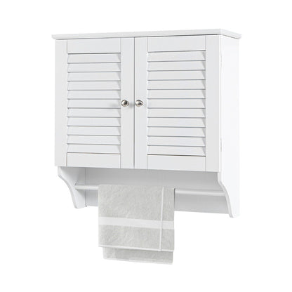 Wall Mounted Double Louvered Doors Storage Cabinet with Height Adjustable Shelf and Towels Bar-White