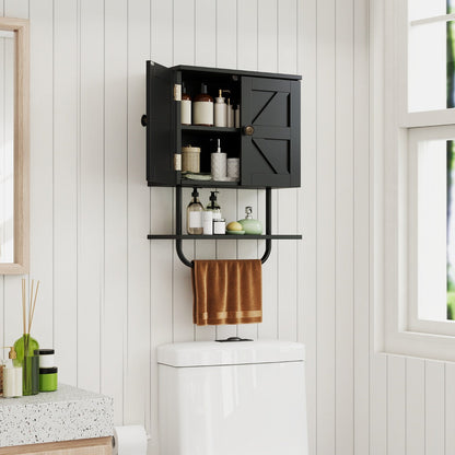 Bathroom Wall Cabinet with Double Door and Open Shelf and Towel Rack-Black