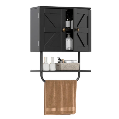 Bathroom Wall Cabinet with Double Door and Open Shelf and Towel Rack-Black
