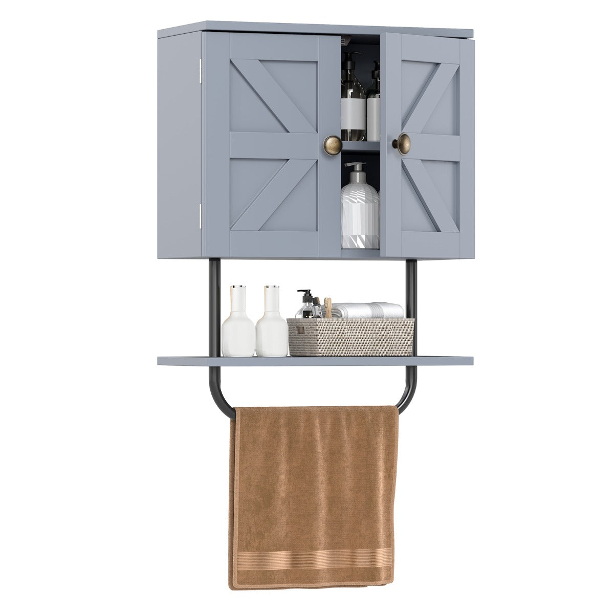 Bathroom Wall Cabinet with Double Door and Open Shelf and Towel Rack-Grey