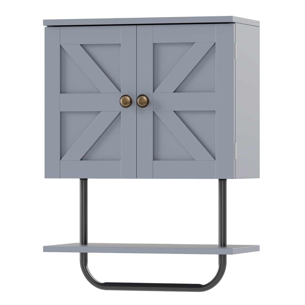 Bathroom Wall Cabinet with Double Door and Open Shelf and Towel Rack-Grey
