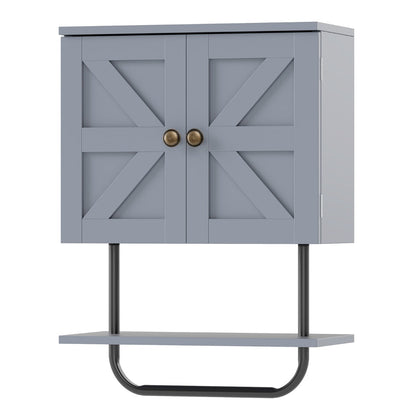Bathroom Wall Cabinet with Double Door and Open Shelf and Towel Rack-Grey