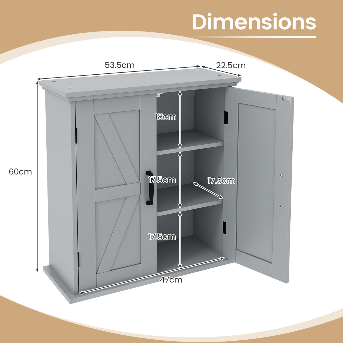 Bathroom Wall Cabinet with 2 Doors and Adjustable Shelves-Grey
