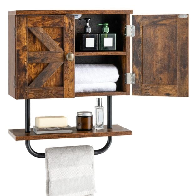 Bathroom Wall Cabinet with Double Doors &amp; Open Shelf &amp; Towel Rack-Brown