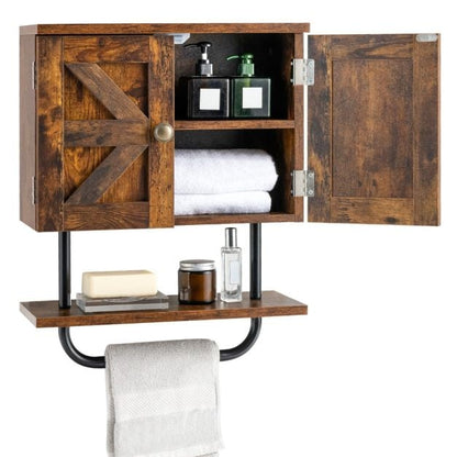 Bathroom Wall Cabinet with Double Doors &amp; Open Shelf &amp; Towel Rack-Brown