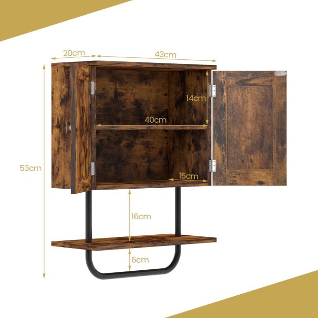 Bathroom Wall Cabinet with Double Doors &amp; Open Shelf &amp; Towel Rack-Brown