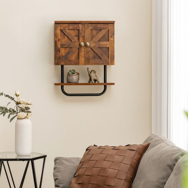 Bathroom Wall Cabinet with Double Doors &amp; Open Shelf &amp; Towel Rack-Brown