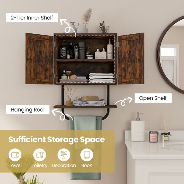 Bathroom Wall Cabinet with Double Doors &amp; Open Shelf &amp; Towel Rack-Brown