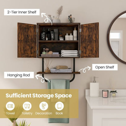 Bathroom Wall Cabinet with Double Doors &amp; Open Shelf &amp; Towel Rack-Brown