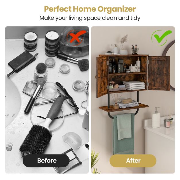 Bathroom Wall Cabinet with Double Doors &amp; Open Shelf &amp; Towel Rack-Brown