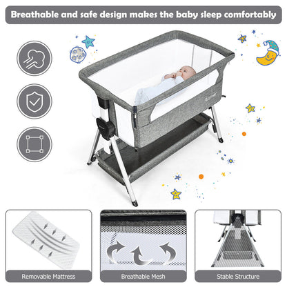 Portable Baby Crib with Adjustable Height and Wheels-Dark Grey