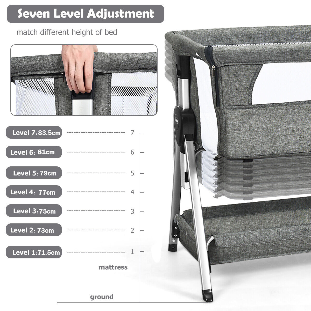 Portable Baby Crib with Adjustable Height and Wheels-Dark Grey