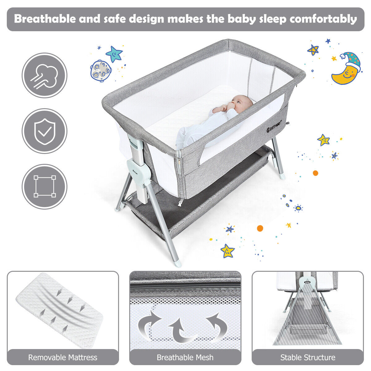 Portable Baby Crib with Adjustable Height and Wheels-Grey