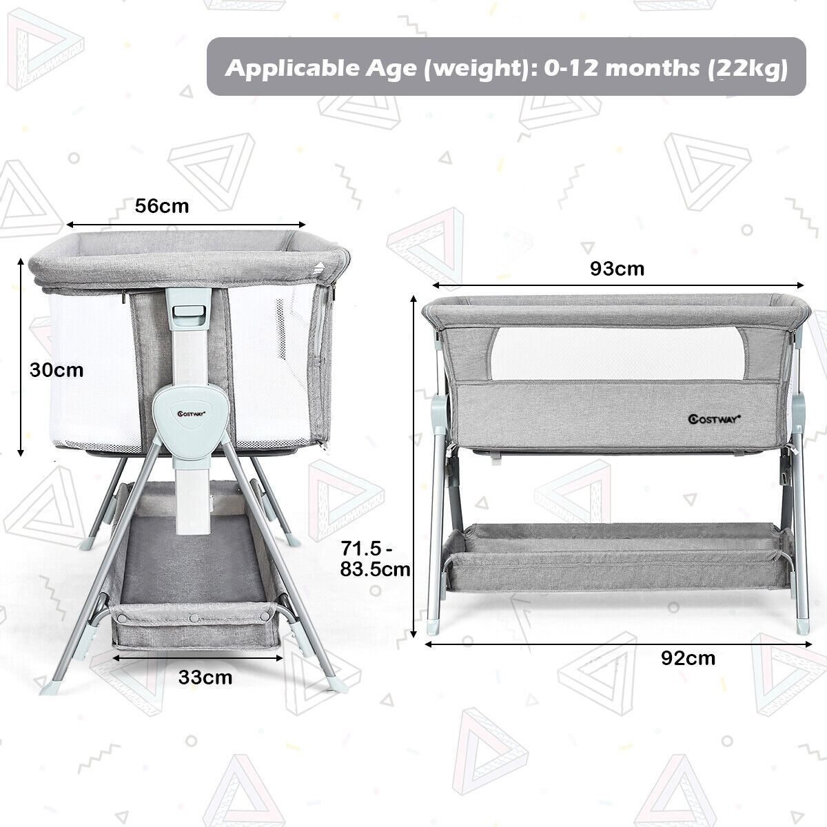 Portable Baby Crib with Adjustable Height and Wheels-Grey