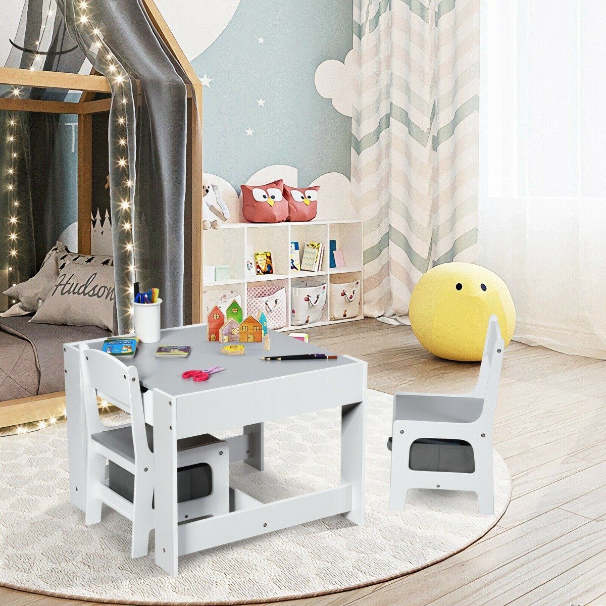 Children's Table and Chair Set with Storage Boxes-Grey