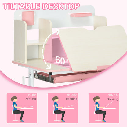 HOMCOM Kids Desk and Chair Set, with Storage Shelves, Washable Cover, for Ages 3-12 Years - Pink