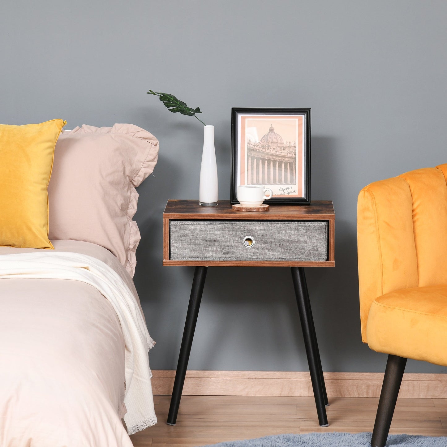 Retro Style Side Table, Nightstand, End Table with Removable Fabric Drawer, Accent Furniture with Wooden Legs, Rustic Brown and Black