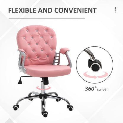 Vinsetto Office Chair Ergonomic 360¡ Swivel PU Diamante Padded Base 5 Castor Wheels for Home Work Pink